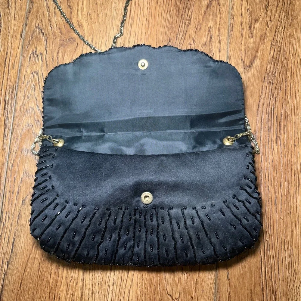 90s La Regale Ltd Black Beaded Evening Bag Satin Clutch Chain Purse handmade